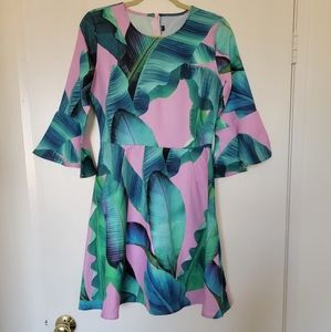 EUC Pink Palm Printed Bell Sleeve Dress